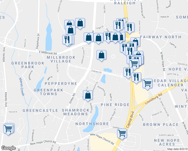 map of restaurants, bars, coffee shops, grocery stores, and more near in Raleigh