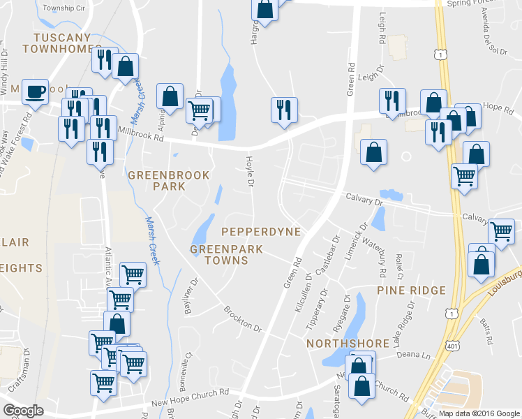 map of restaurants, bars, coffee shops, grocery stores, and more near 4701 Hollowell Lane in Raleigh