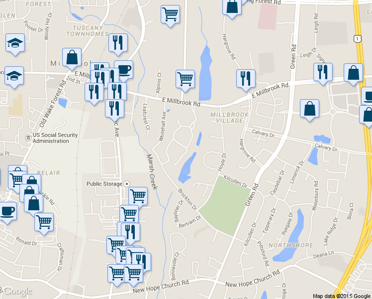 map of restaurants, bars, coffee shops, grocery stores, and more near 4719 Walden Pond Drive in Raleigh