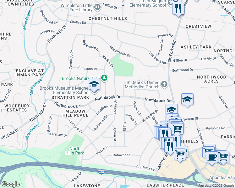 map of restaurants, bars, coffee shops, grocery stores, and more near 4709 Stiller Street in Raleigh