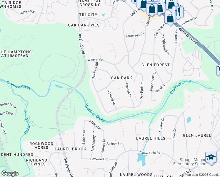 map of restaurants, bars, coffee shops, grocery stores, and more near 4508 Embleton Drive in Raleigh