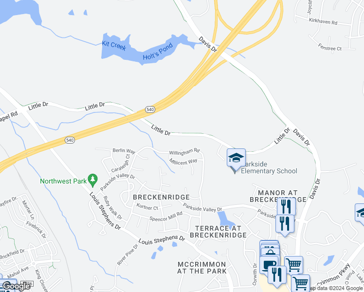 map of restaurants, bars, coffee shops, grocery stores, and more near 104 Cypress Mill Road in Morrisville