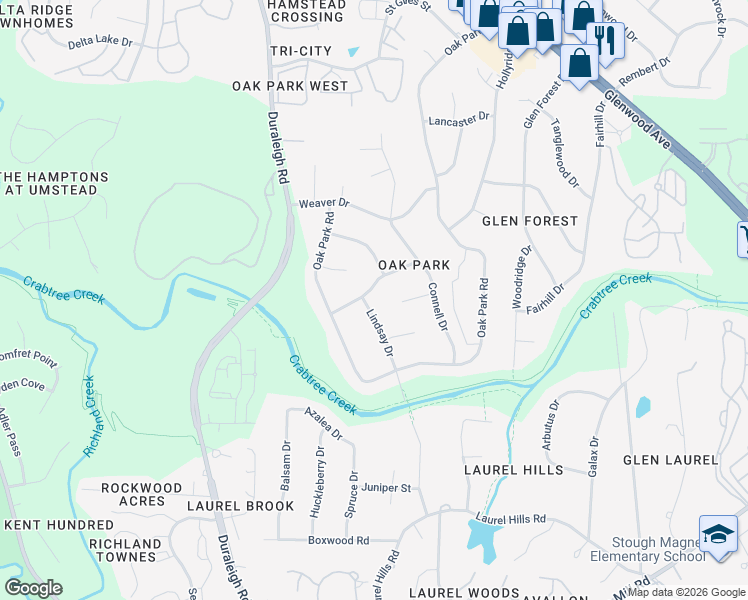 map of restaurants, bars, coffee shops, grocery stores, and more near 4508 Embleton Drive in Raleigh