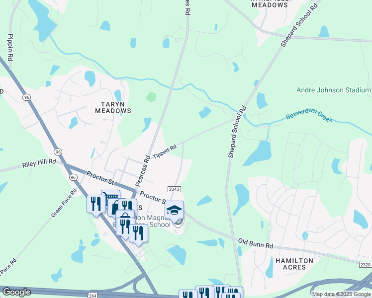 map of restaurants, bars, coffee shops, grocery stores, and more near 1124 Mangum Street in Zebulon