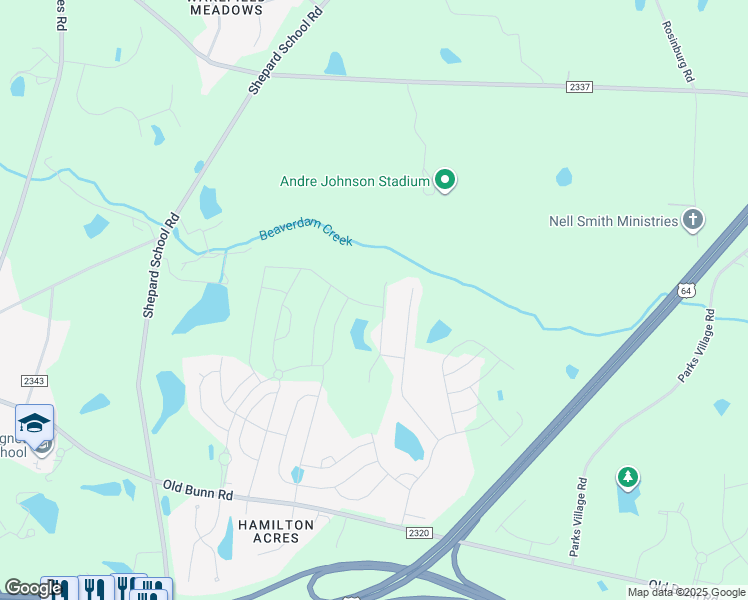 map of restaurants, bars, coffee shops, grocery stores, and more near 369 Logan Creek Drive in Zebulon