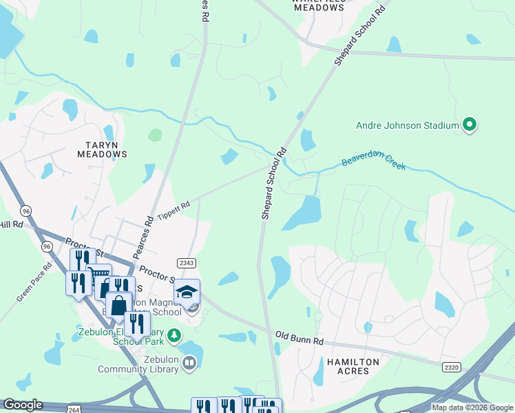map of restaurants, bars, coffee shops, grocery stores, and more near 508 Tippett Road in Zebulon