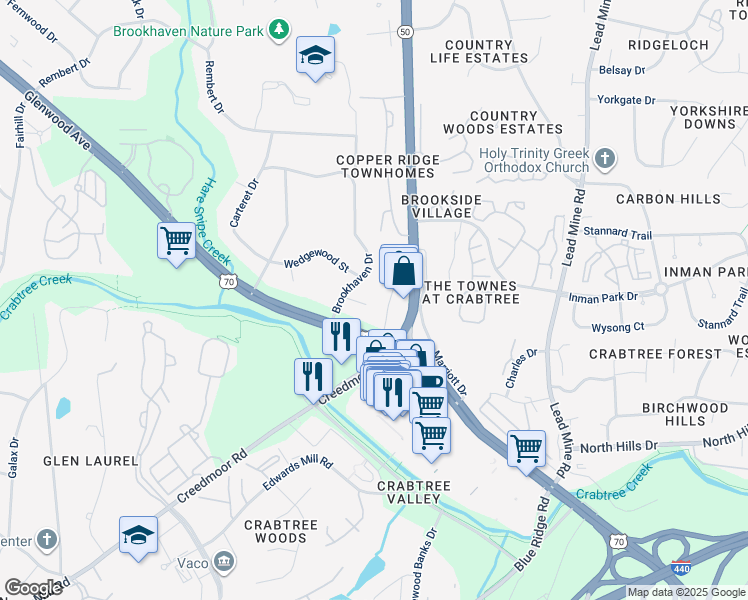 map of restaurants, bars, coffee shops, grocery stores, and more near 4722 Brookhaven Drive in Raleigh