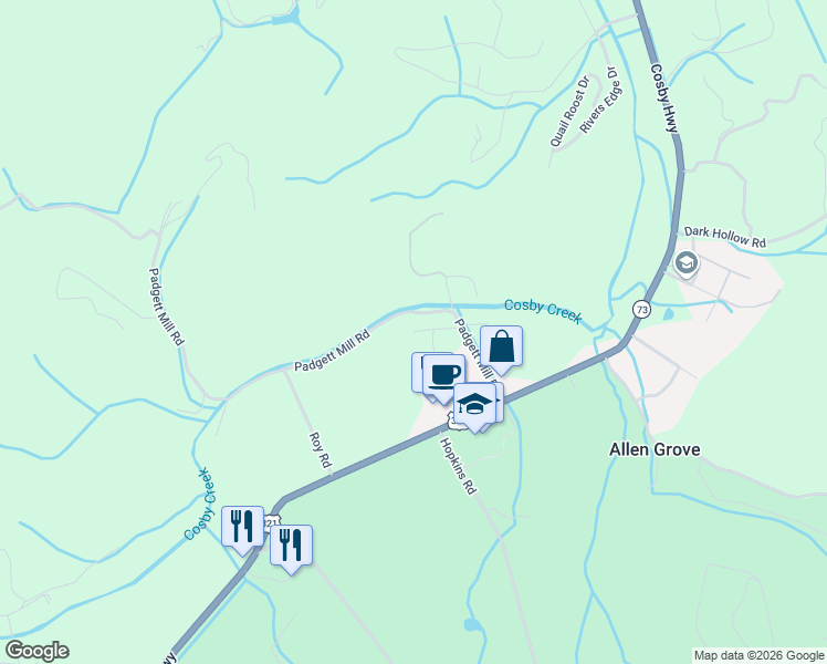 map of restaurants, bars, coffee shops, grocery stores, and more near 3398 Webbing Way in Cosby