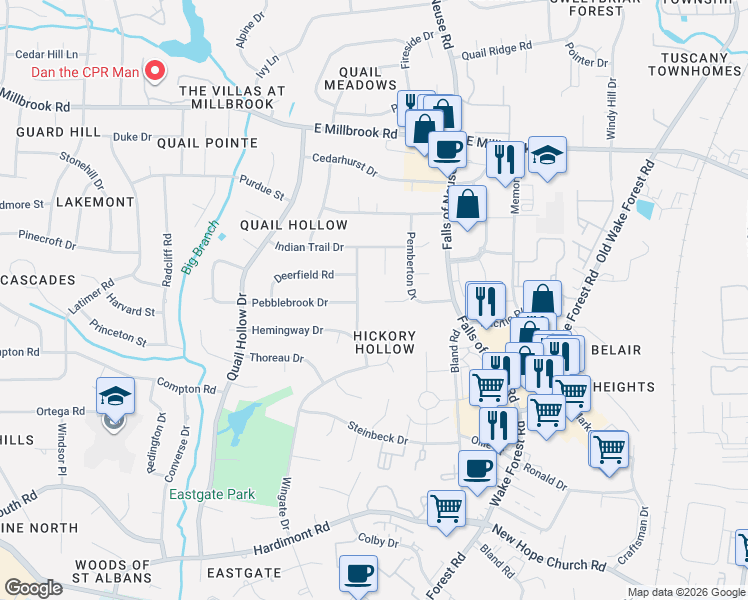 map of restaurants, bars, coffee shops, grocery stores, and more near 4705 Scollay Court in Raleigh