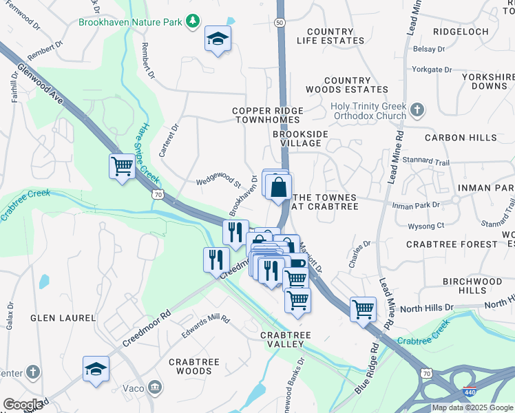 map of restaurants, bars, coffee shops, grocery stores, and more near 4722 Brookhaven Drive in Raleigh