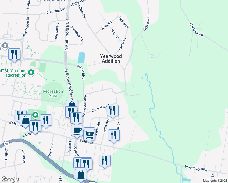 map of restaurants, bars, coffee shops, grocery stores, and more near 407 Twin Oak Drive in Murfreesboro