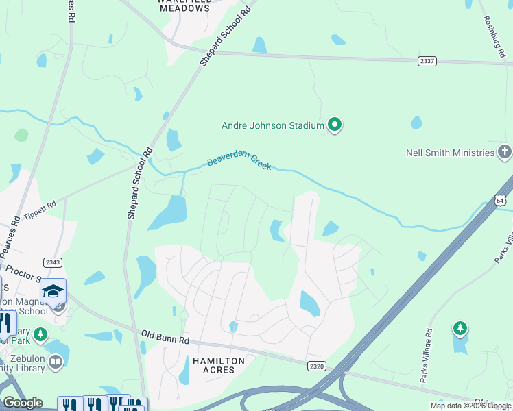 map of restaurants, bars, coffee shops, grocery stores, and more near 341 Logan Creek Drive in Zebulon