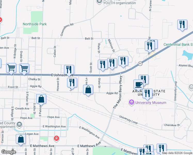 map of restaurants, bars, coffee shops, grocery stores, and more near 1715 E Johnson Ave in Jonesboro