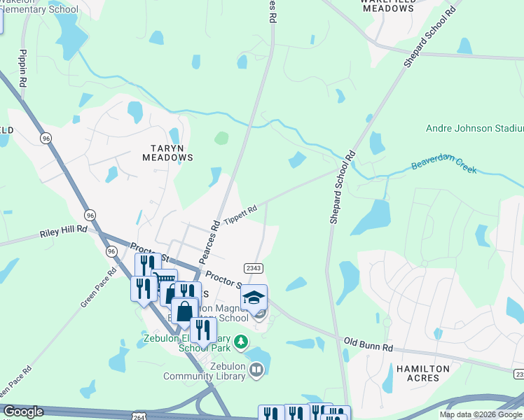map of restaurants, bars, coffee shops, grocery stores, and more near 328 Tippett Road in Zebulon