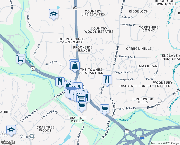 map of restaurants, bars, coffee shops, grocery stores, and more near 2609 Laurel Cherry Street in Raleigh