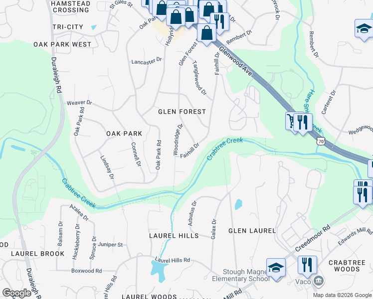 map of restaurants, bars, coffee shops, grocery stores, and more near 4700 Glen Forest Drive in Raleigh