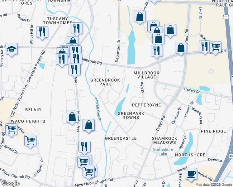 map of restaurants, bars, coffee shops, grocery stores, and more near 4719 Walden Pond Drive in Raleigh