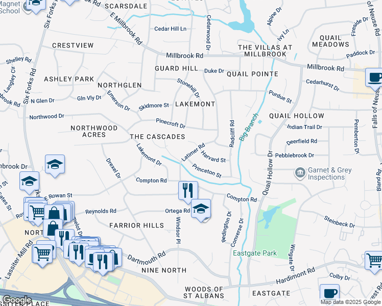 map of restaurants, bars, coffee shops, grocery stores, and more near 4609 Latimer Road in Raleigh
