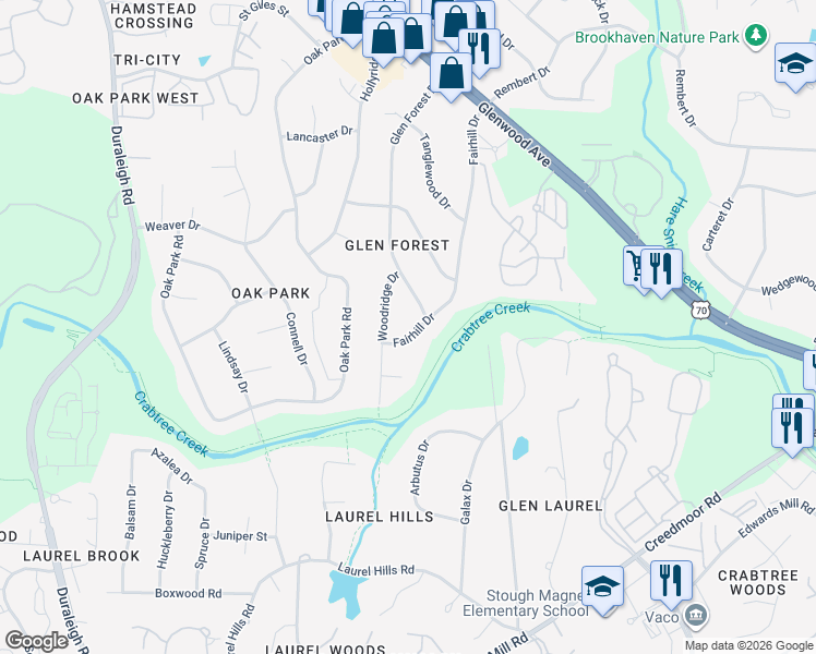 map of restaurants, bars, coffee shops, grocery stores, and more near 4700 Glen Forest Drive in Raleigh