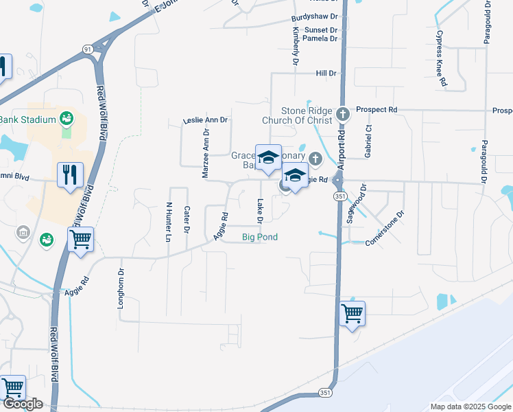 map of restaurants, bars, coffee shops, grocery stores, and more near 301 Lake Drive in Jonesboro