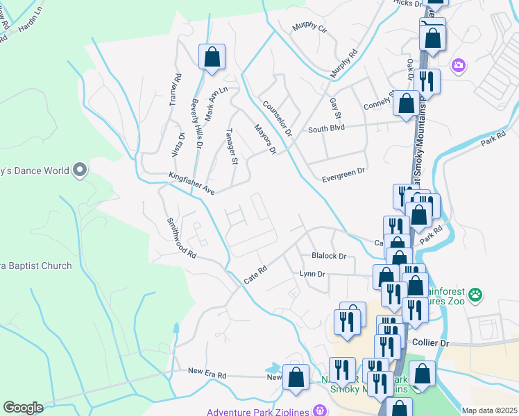 map of restaurants, bars, coffee shops, grocery stores, and more near 1269 Avery Lane in Sevierville