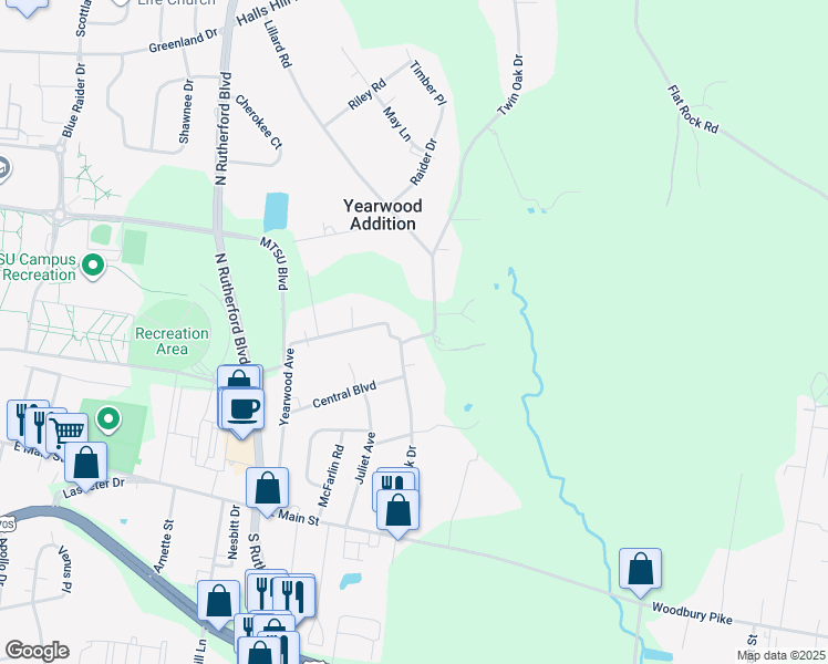 map of restaurants, bars, coffee shops, grocery stores, and more near 407 Twin Oak Drive in Murfreesboro