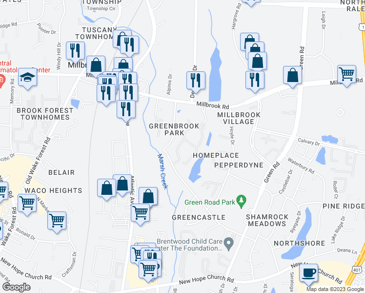 map of restaurants, bars, coffee shops, grocery stores, and more near 4604 Millstone Drive in Raleigh