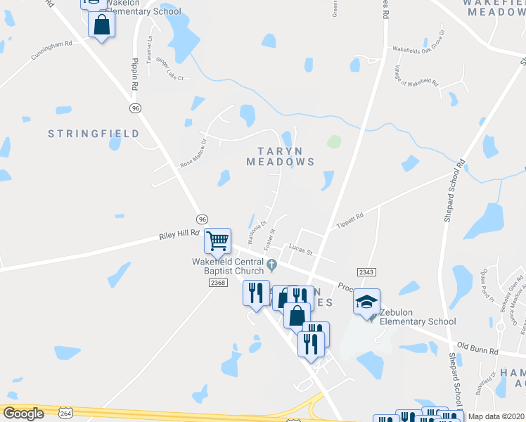 map of restaurants, bars, coffee shops, grocery stores, and more near 4003 Freesia Court in Zebulon