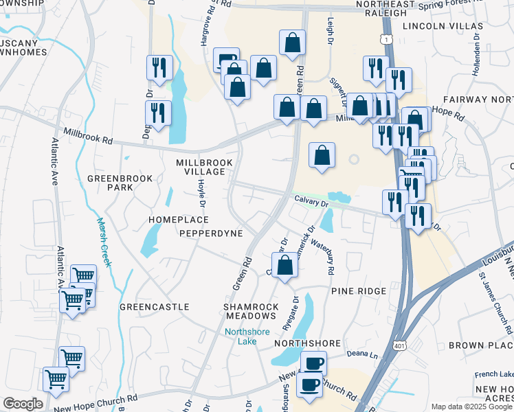 map of restaurants, bars, coffee shops, grocery stores, and more near 2904 Calvary Drive in Raleigh