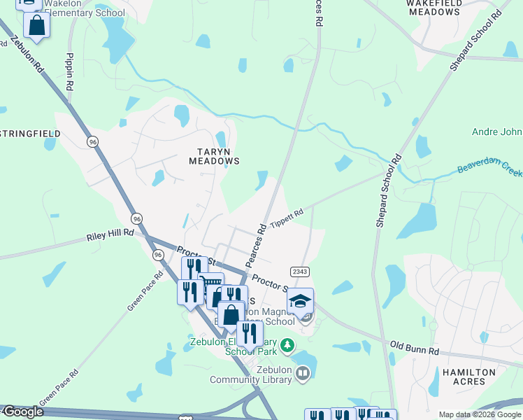 map of restaurants, bars, coffee shops, grocery stores, and more near 701 Pearces Road in Zebulon