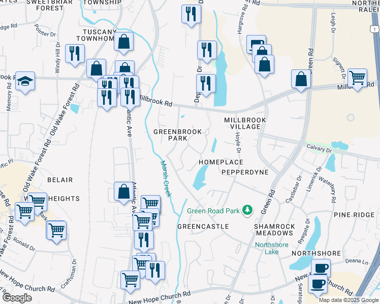 map of restaurants, bars, coffee shops, grocery stores, and more near 4712 Walden Pond Drive in Raleigh