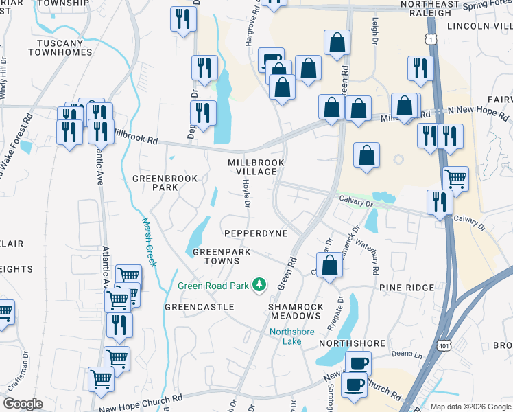 map of restaurants, bars, coffee shops, grocery stores, and more near 4701 Hollowell Lane in Raleigh