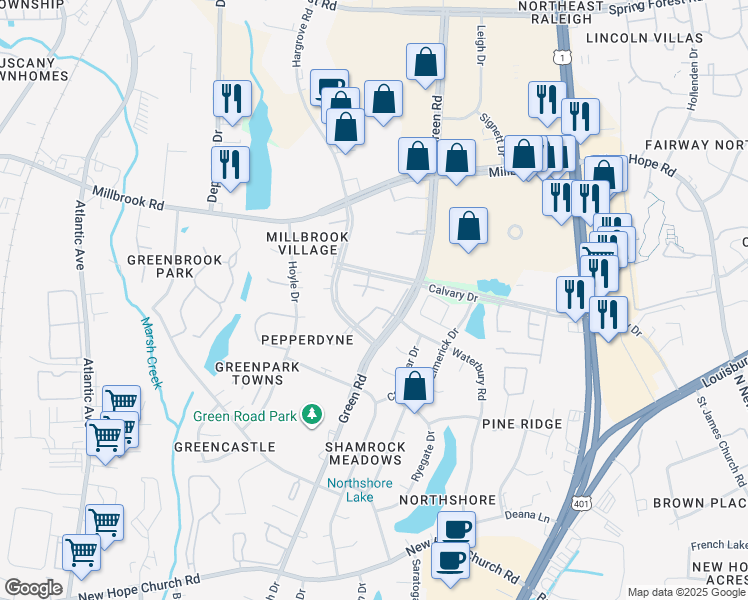 map of restaurants, bars, coffee shops, grocery stores, and more near 2910 Calvary Drive in Raleigh