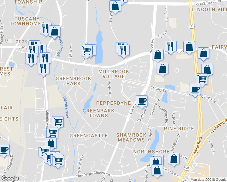 map of restaurants, bars, coffee shops, grocery stores, and more near 4701 Hollowell Lane in Raleigh