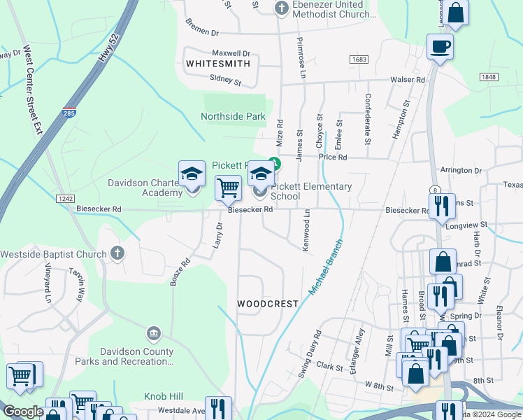 map of restaurants, bars, coffee shops, grocery stores, and more near Biesecker Road in Lexington