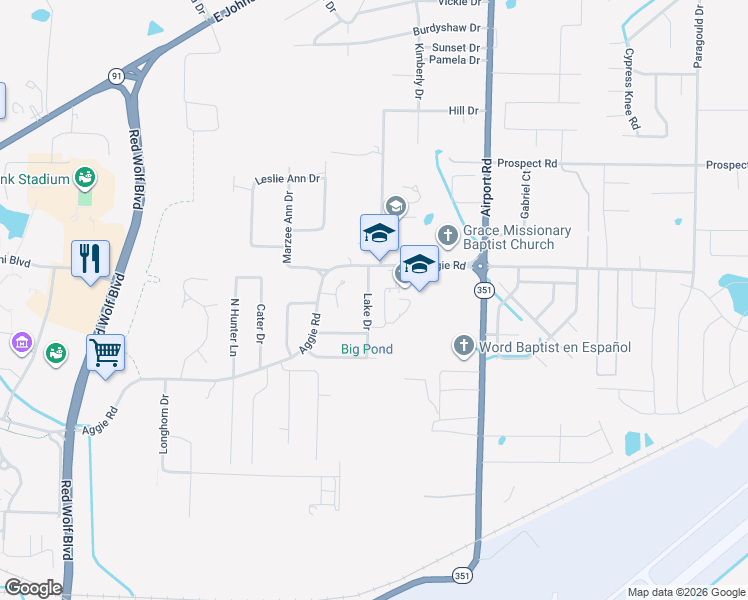 map of restaurants, bars, coffee shops, grocery stores, and more near 301 Lake Drive in Jonesboro