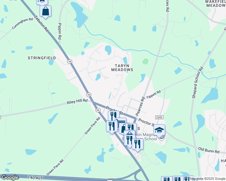 map of restaurants, bars, coffee shops, grocery stores, and more near 4005 Freesia Court in Zebulon