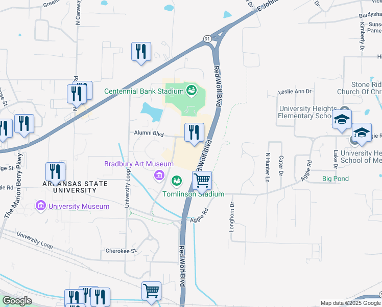 map of restaurants, bars, coffee shops, grocery stores, and more near 223 Red Wolf Boulevard in Jonesboro