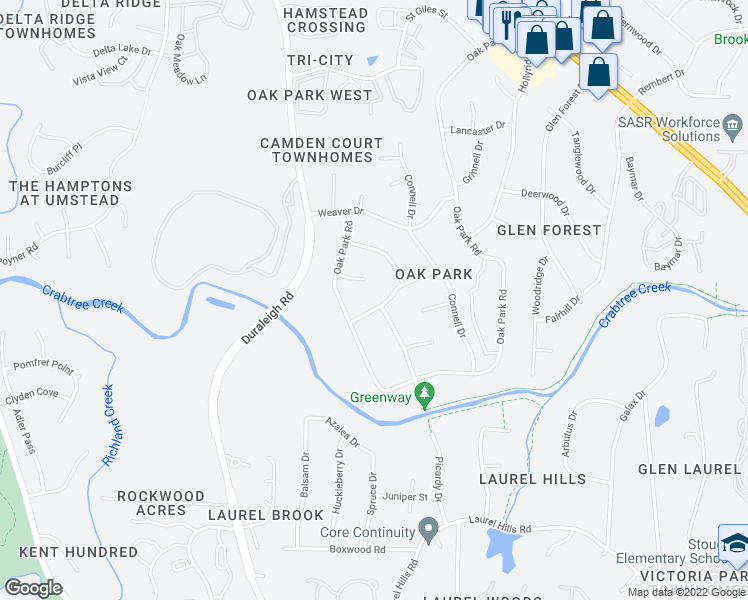 map of restaurants, bars, coffee shops, grocery stores, and more near 4105 Stranaver Place in Raleigh