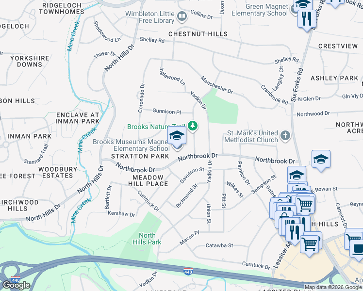 map of restaurants, bars, coffee shops, grocery stores, and more near 700 Northbrook Drive in Raleigh