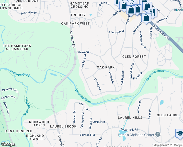 map of restaurants, bars, coffee shops, grocery stores, and more near 4105 Stranaver Place in Raleigh