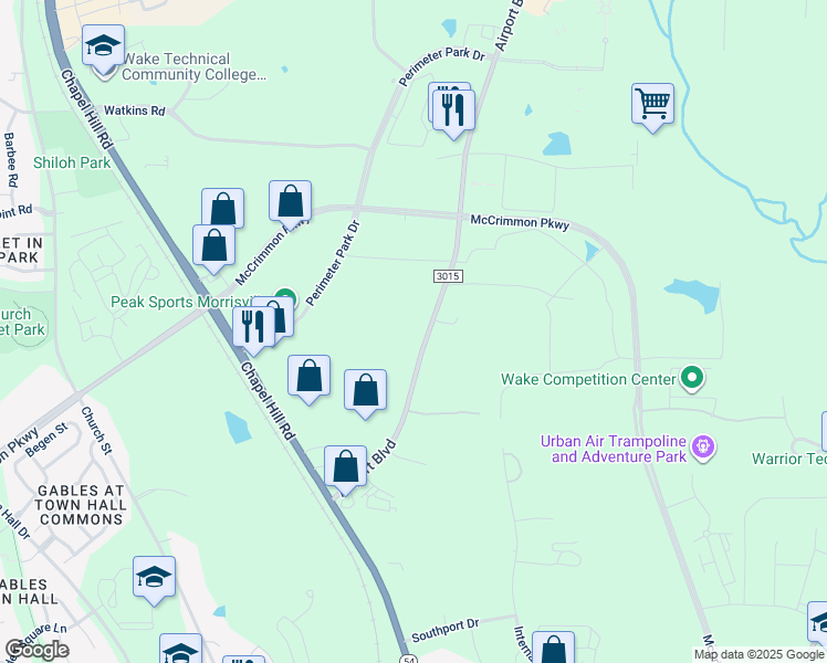 map of restaurants, bars, coffee shops, grocery stores, and more near 419 Airport Boulevard in Morrisville