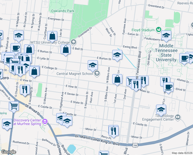 map of restaurants, bars, coffee shops, grocery stores, and more near 701 East Main Street in Murfreesboro