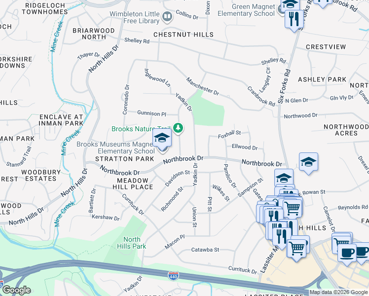 map of restaurants, bars, coffee shops, grocery stores, and more near 4712 Rampart Street in Raleigh