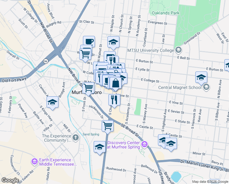 map of restaurants, bars, coffee shops, grocery stores, and more near in Murfreesboro