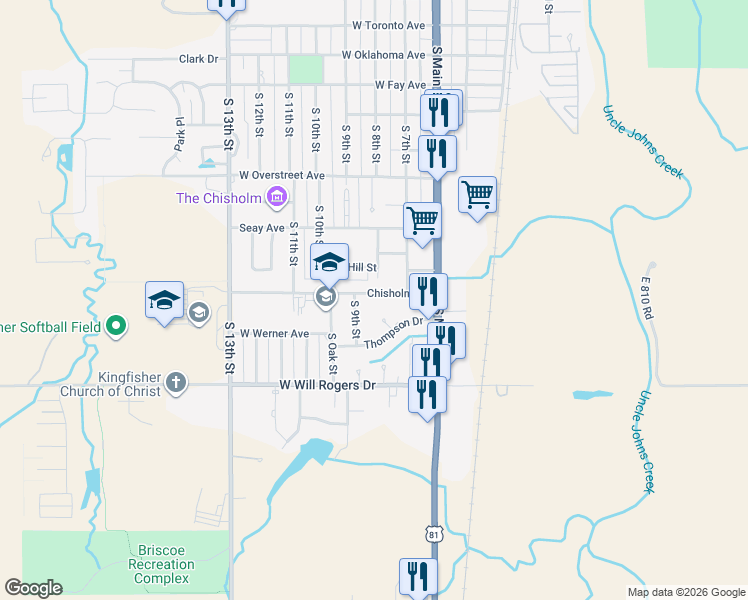 map of restaurants, bars, coffee shops, grocery stores, and more near 302 South 8th Street in Kingfisher