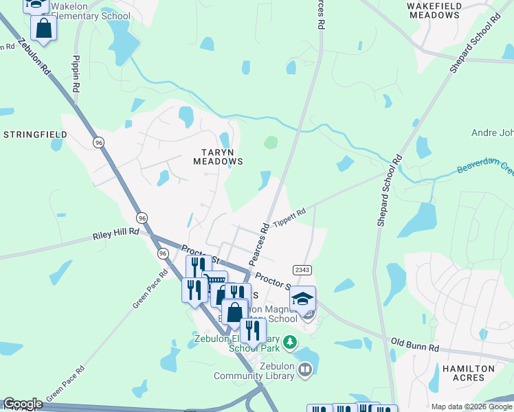 map of restaurants, bars, coffee shops, grocery stores, and more near 701 Pearces Road in Zebulon