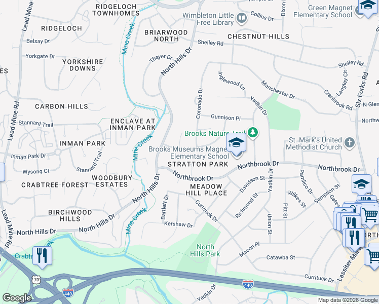 map of restaurants, bars, coffee shops, grocery stores, and more near 1309 Kimberly Drive in Raleigh
