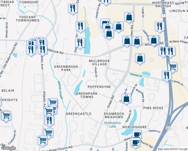 map of restaurants, bars, coffee shops, grocery stores, and more near 4701 Hollowell Lane in Raleigh