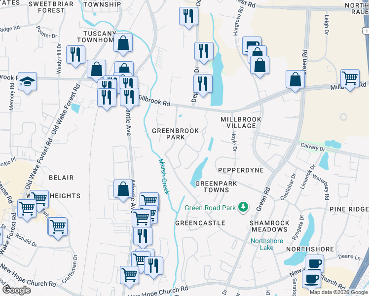 map of restaurants, bars, coffee shops, grocery stores, and more near 4712 Millstone Drive in Raleigh